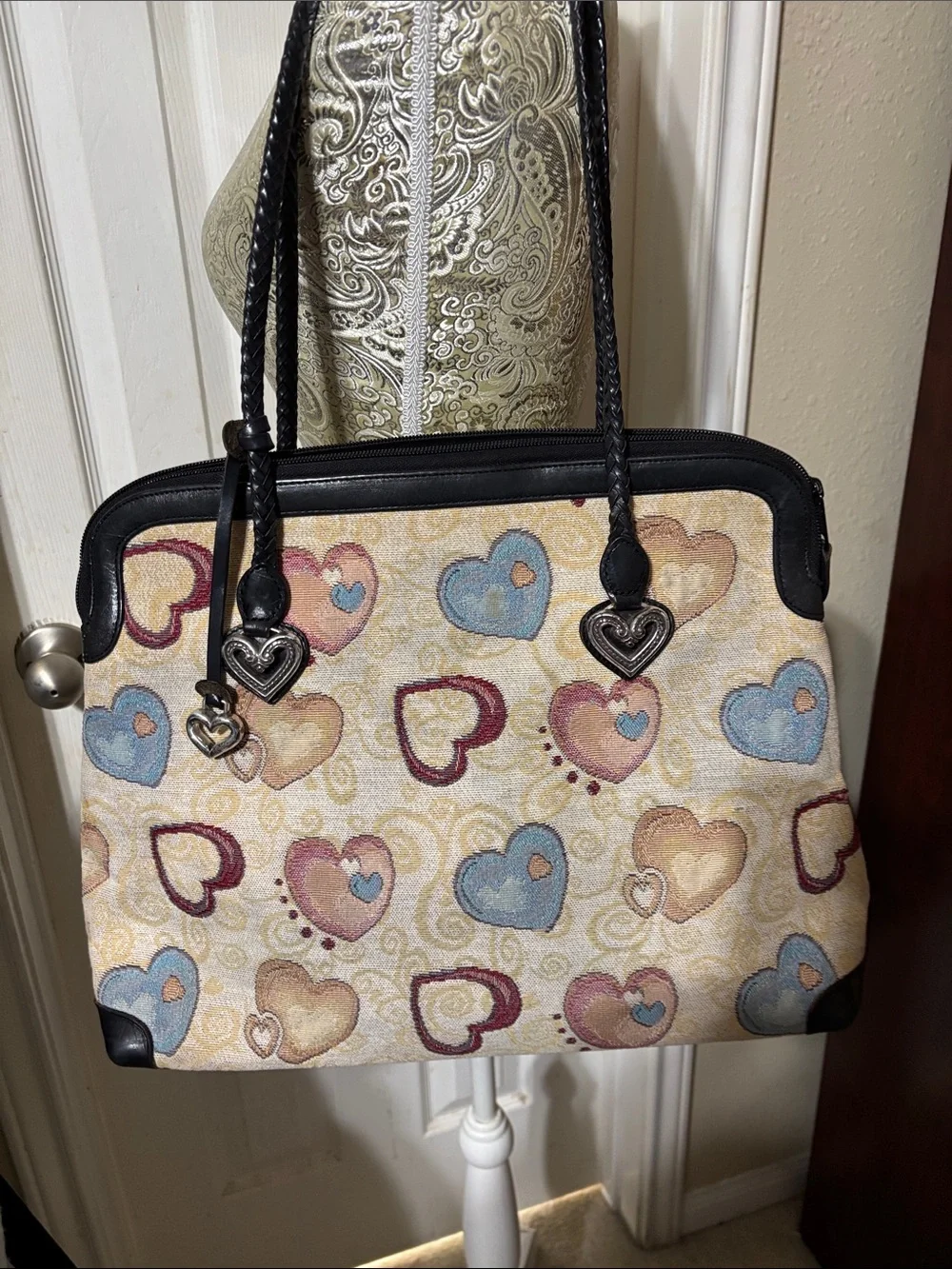 Vintage Brighton Beige Heart-Print Tote with Black leather Trim.